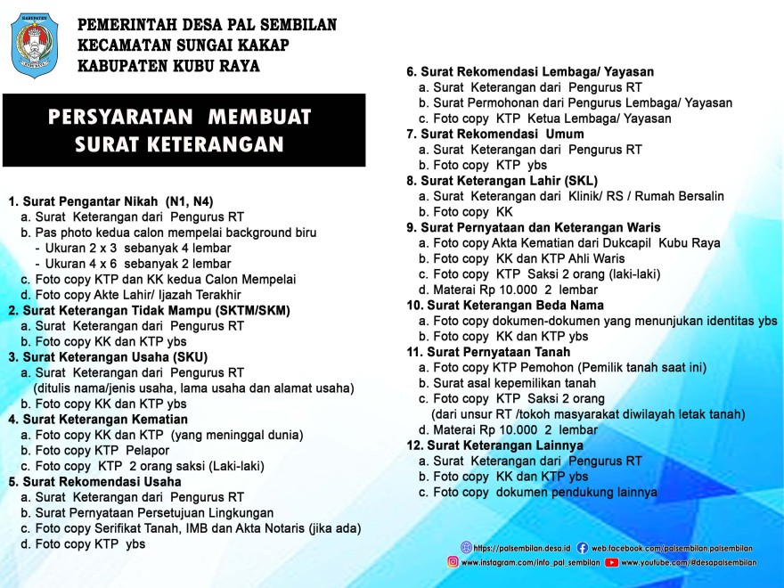 PERSYARATAN MEMBUAT SURAT KETERANGAN DI KANTOR DESA PAL SEMBILAN
